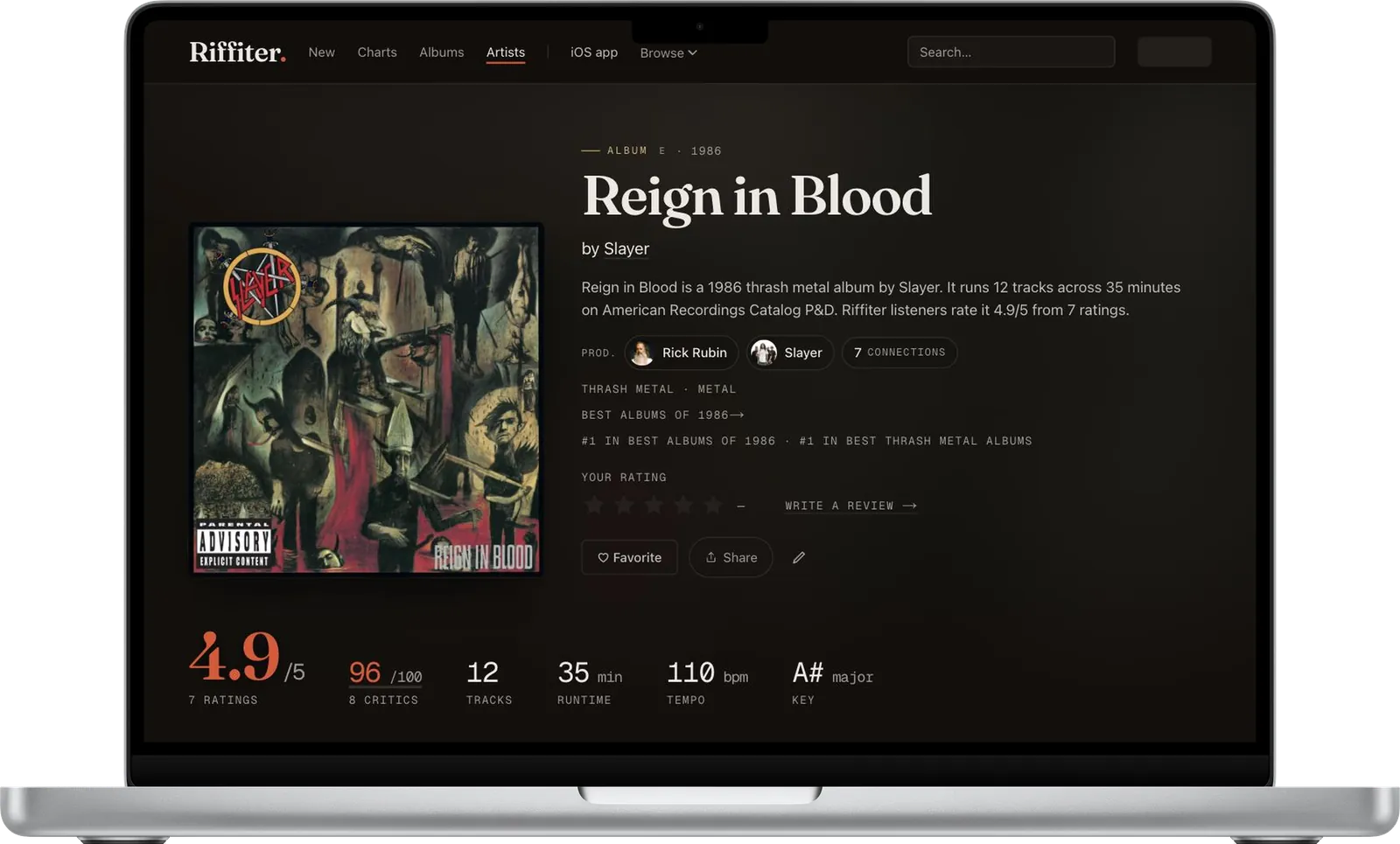 An album page showing a rating of 4.9 out of 5, a critic score, producer credits and chart positions.
