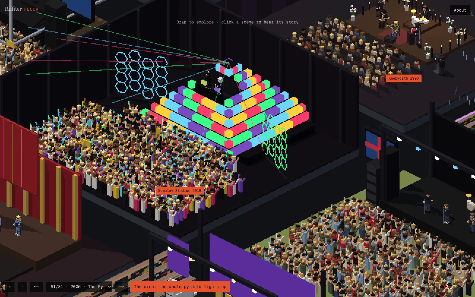 Daft Punk's 2006 Coachella pyramid in coloured pixel blocks with lasers, both members visible at the top.