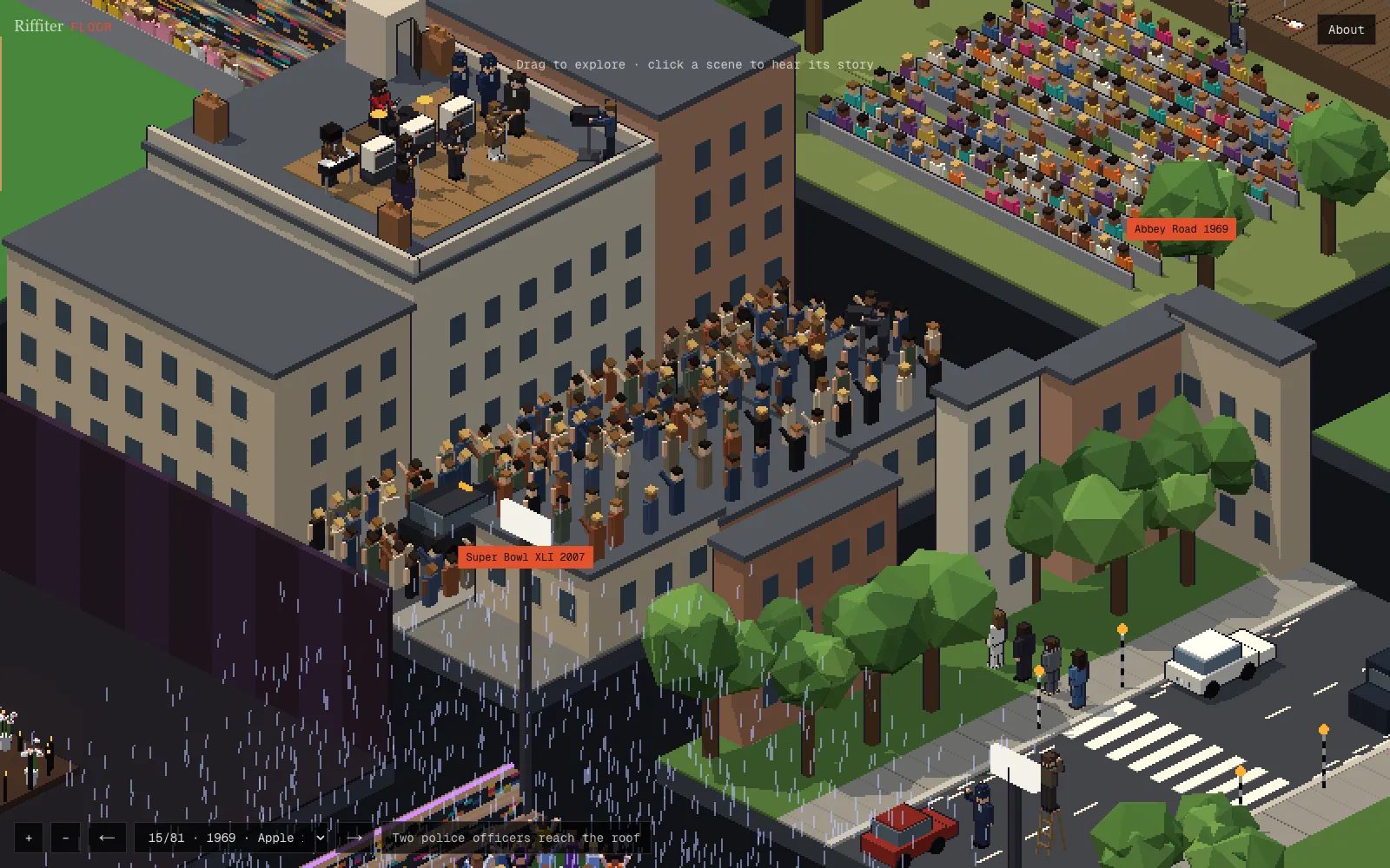 The Beatles playing on the roof of the Apple building in 1969, with a crowd on the neighbouring roof, people in the street below and police arriving.
