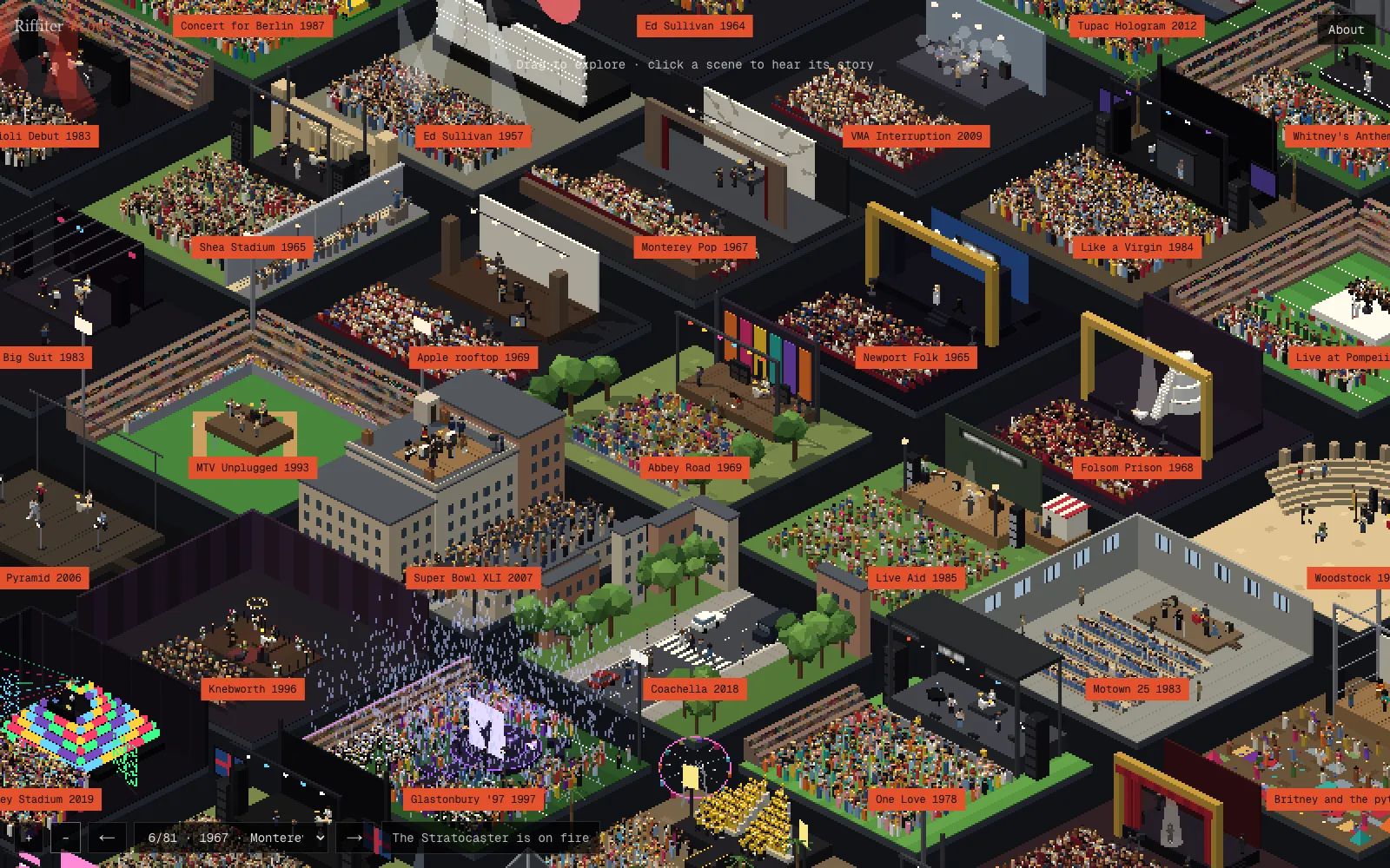 A zoomed-out isometric pixel city made of concert stages, each labelled: Monterey Pop 1967, Abbey Road 1969, Live Aid 1985, Apple rooftop 1969, Folsom Prison 1968 and more.