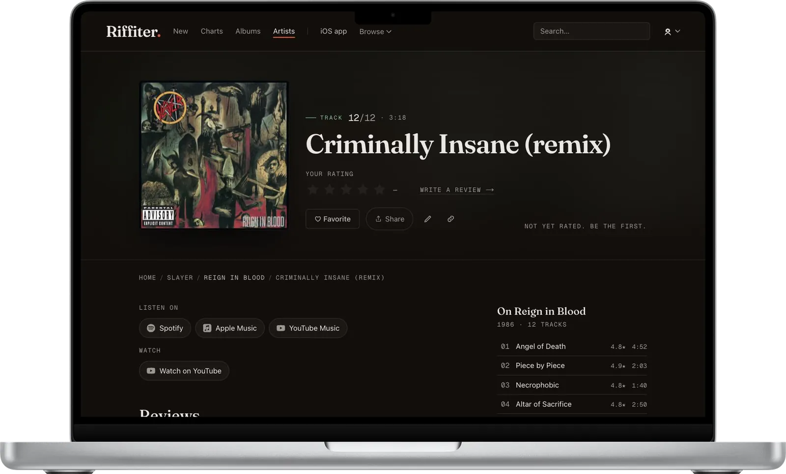 A track page for the same album with no rating, no reviews and a line reading 'not yet rated, be the first'.